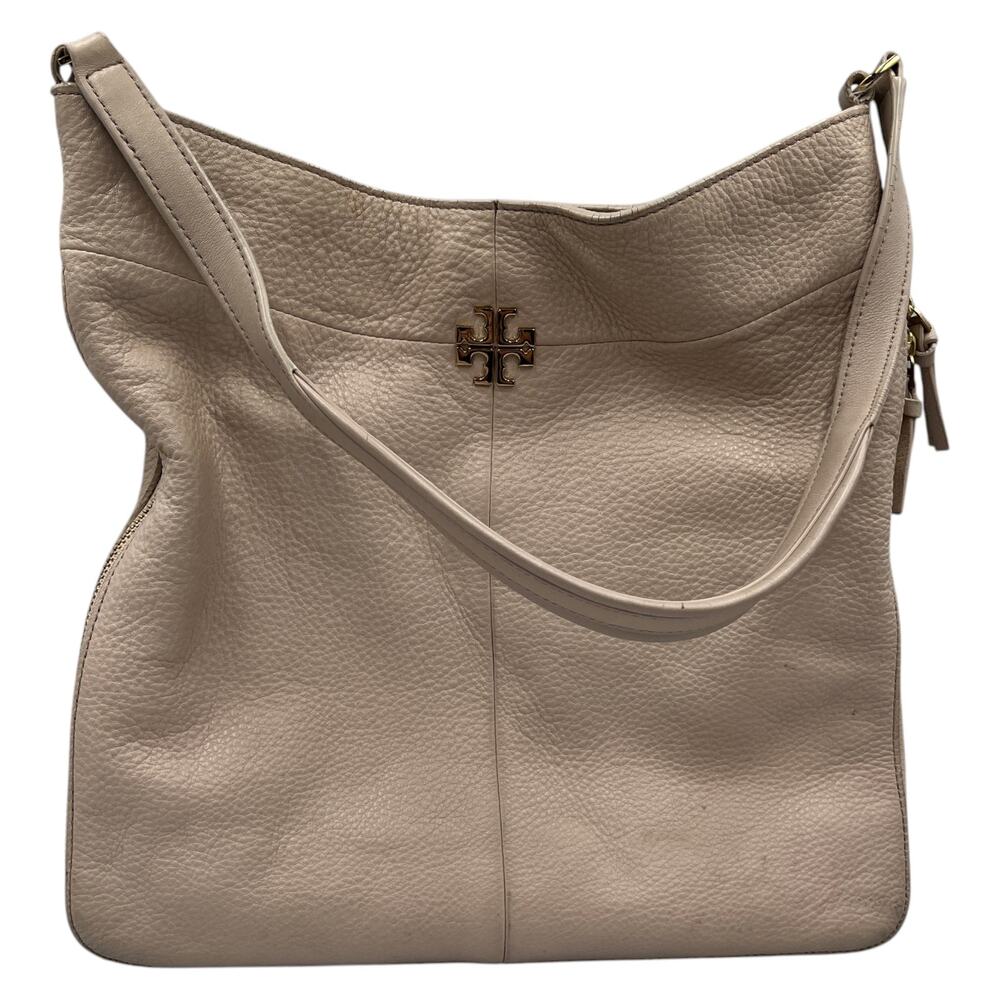Tory Burch Shoulder Hobo Bag Ivy Pebbled Leather Expandable Zip Shell Pink Cream